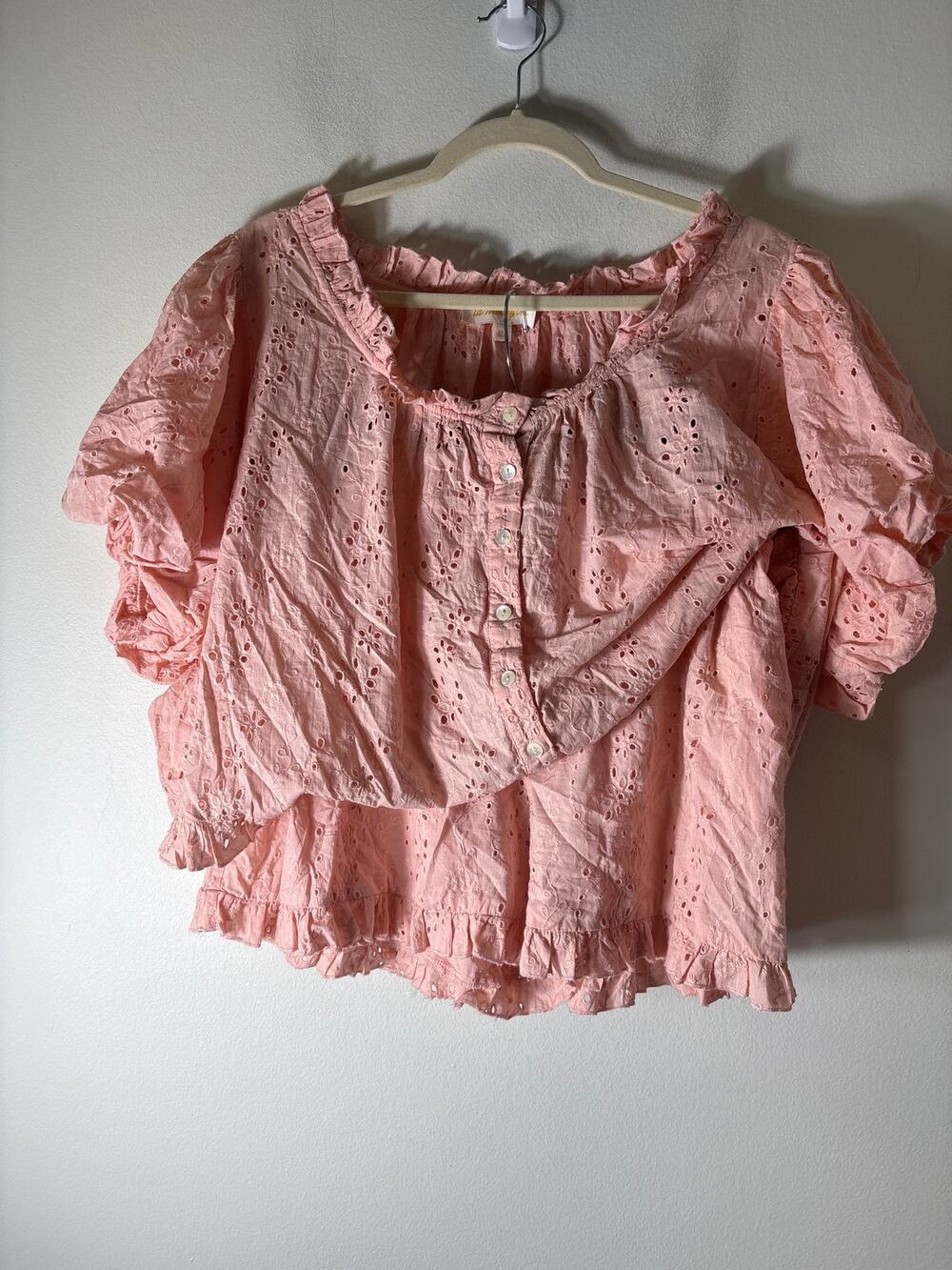 La Maregold Pink Short Sleeve Eyelet Lace Shorts Set Sz M/L
